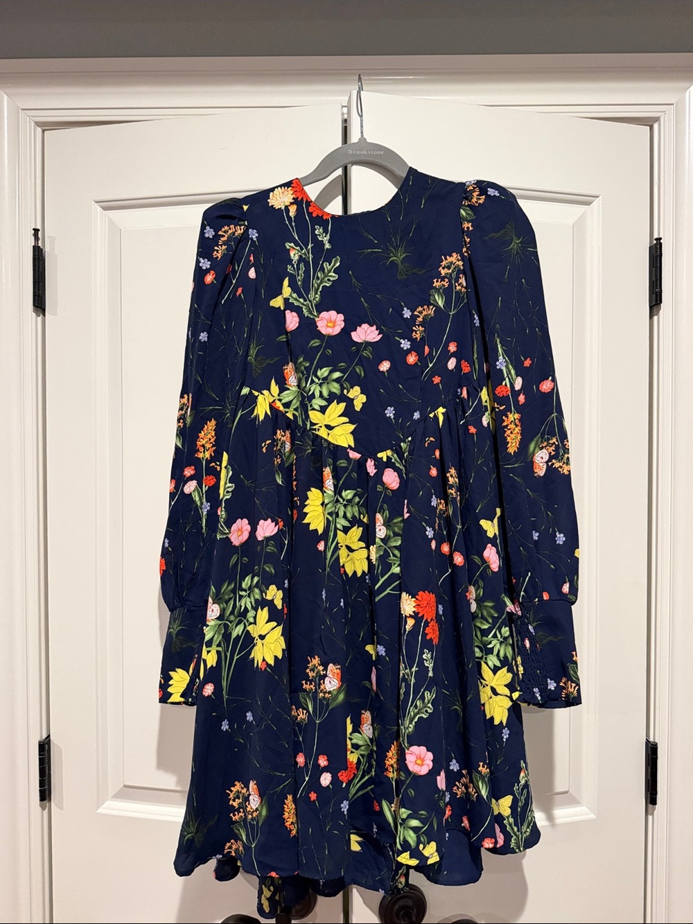 Pomander Place Navy Floral Long Sleeve Mini Dress with Yellow & Pink Blooms